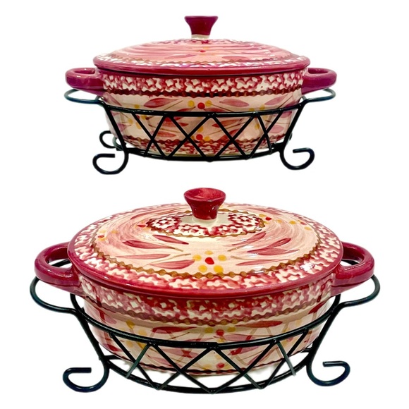 TEMPTATIONS Old World Cranberry Red 9 oz Ramekins & Serving Baskets Set of 2 EUC - Picture 2 of 14